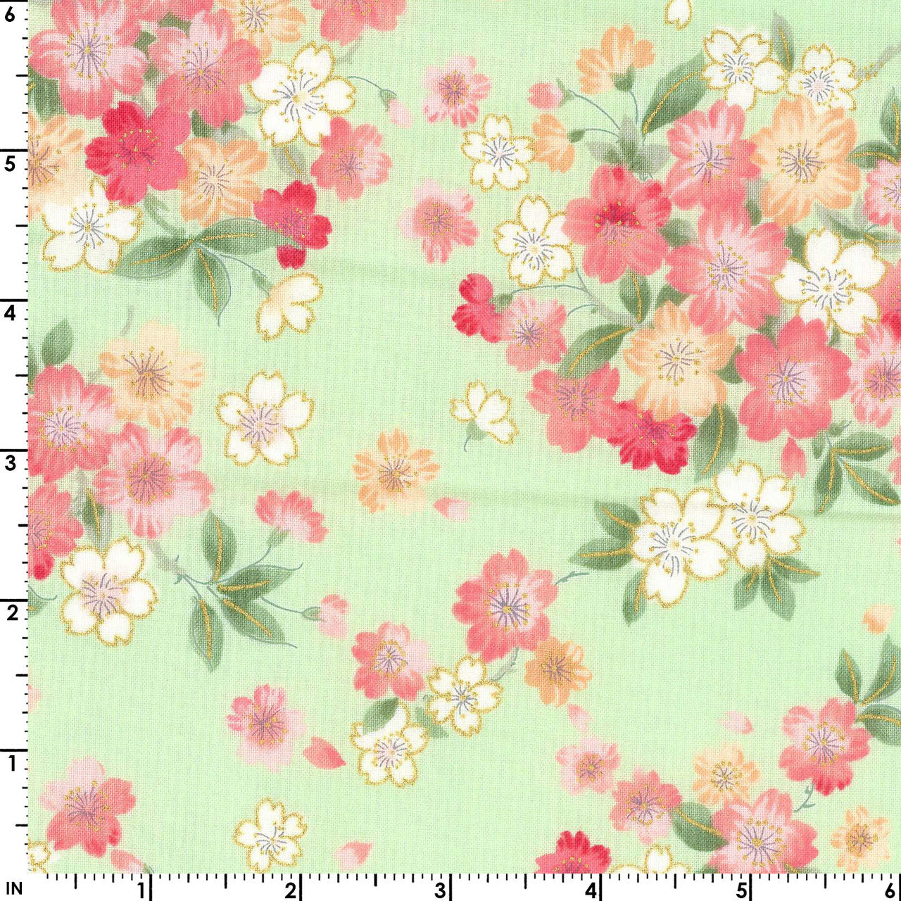 Kokka Sakura Cotton Sheeting Light Green Metallic Accent Japanese Fabric