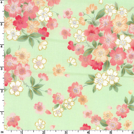 Kokka Sakura Cotton Sheeting Light Green Metallic Accent Japanese Fabric