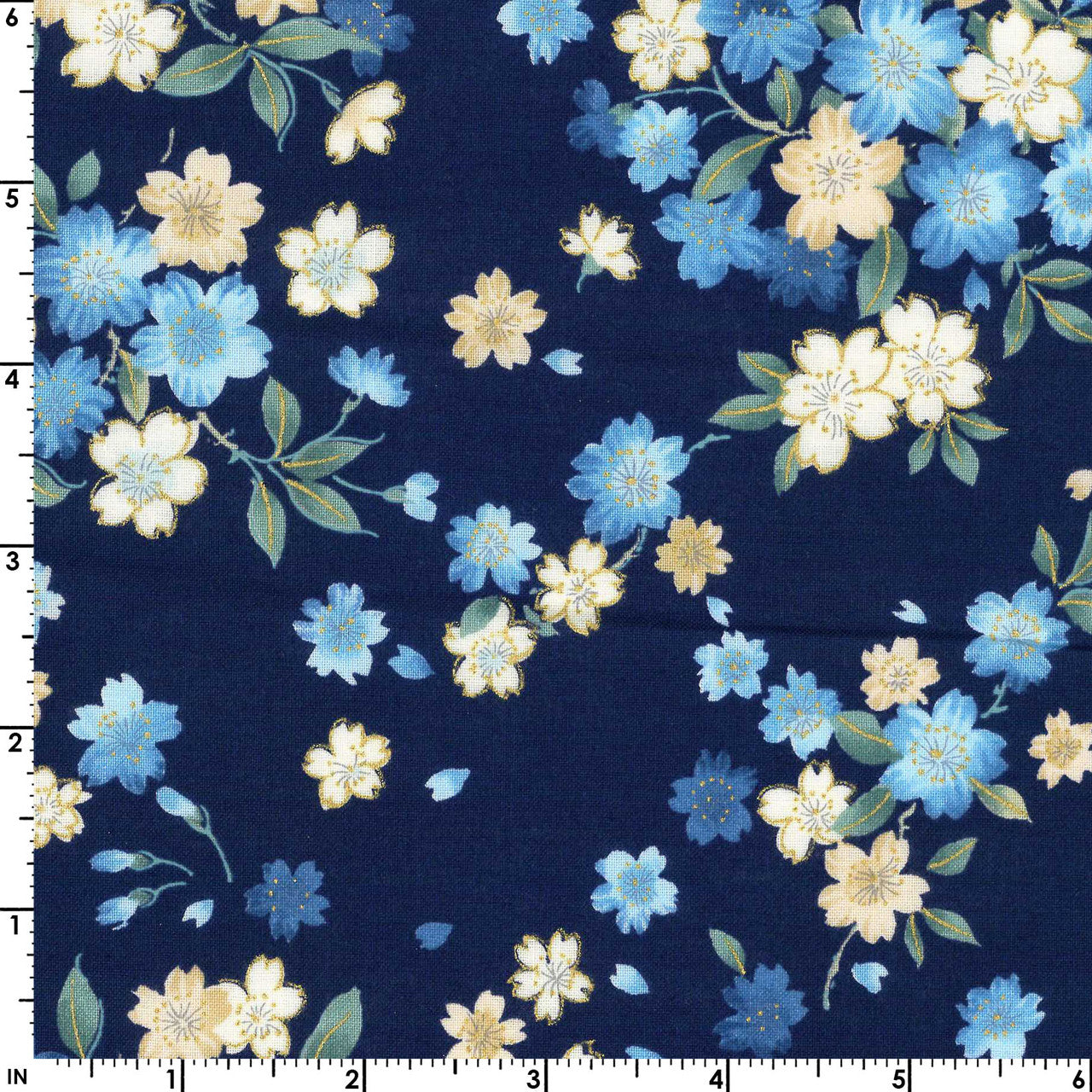 Kokka Sakura Cotton Sheeting Navy Blue Metallic Accent Japanese Fabric