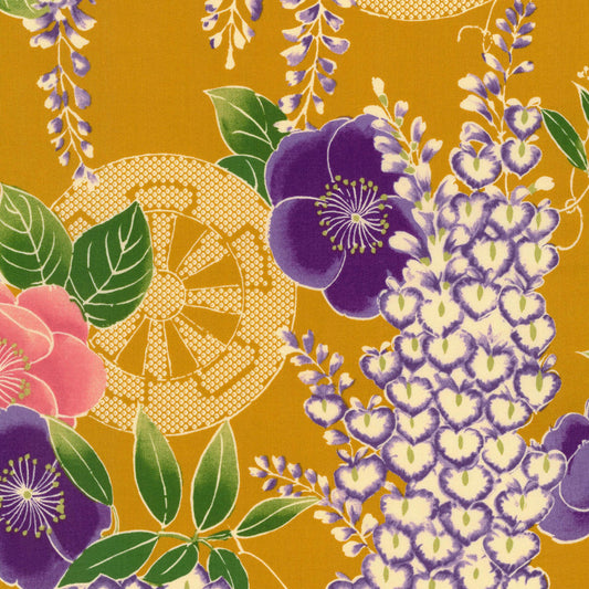 Kokka Classic Japan Wisteria Flowers Mustard Yellow Kimono Inspired Japanese Fabric