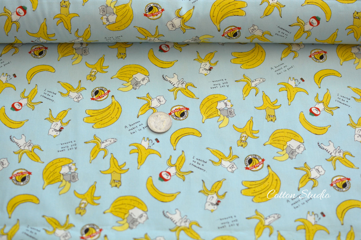 Cotton Kobayashi Cats and Bananas Blue Japanese Fabric