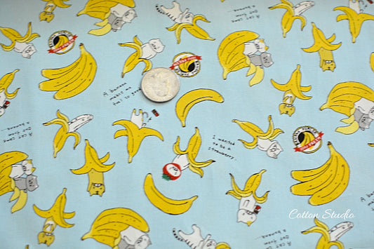 Cotton Kobayashi Cats and Bananas Blue Japanese Fabric