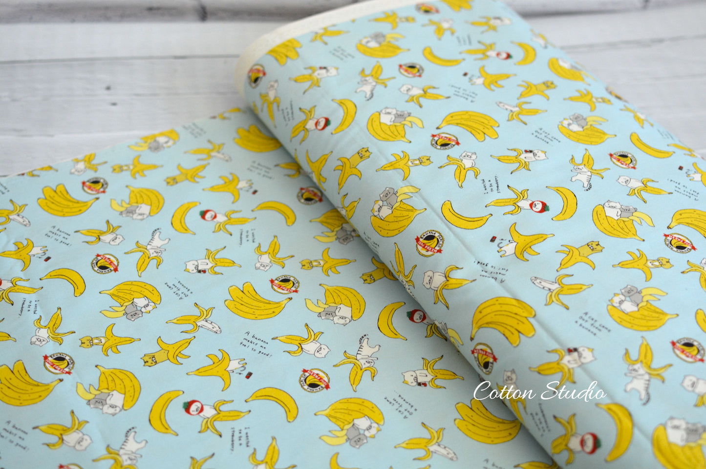 Cotton Kobayashi Cats and Bananas Blue Japanese Fabric