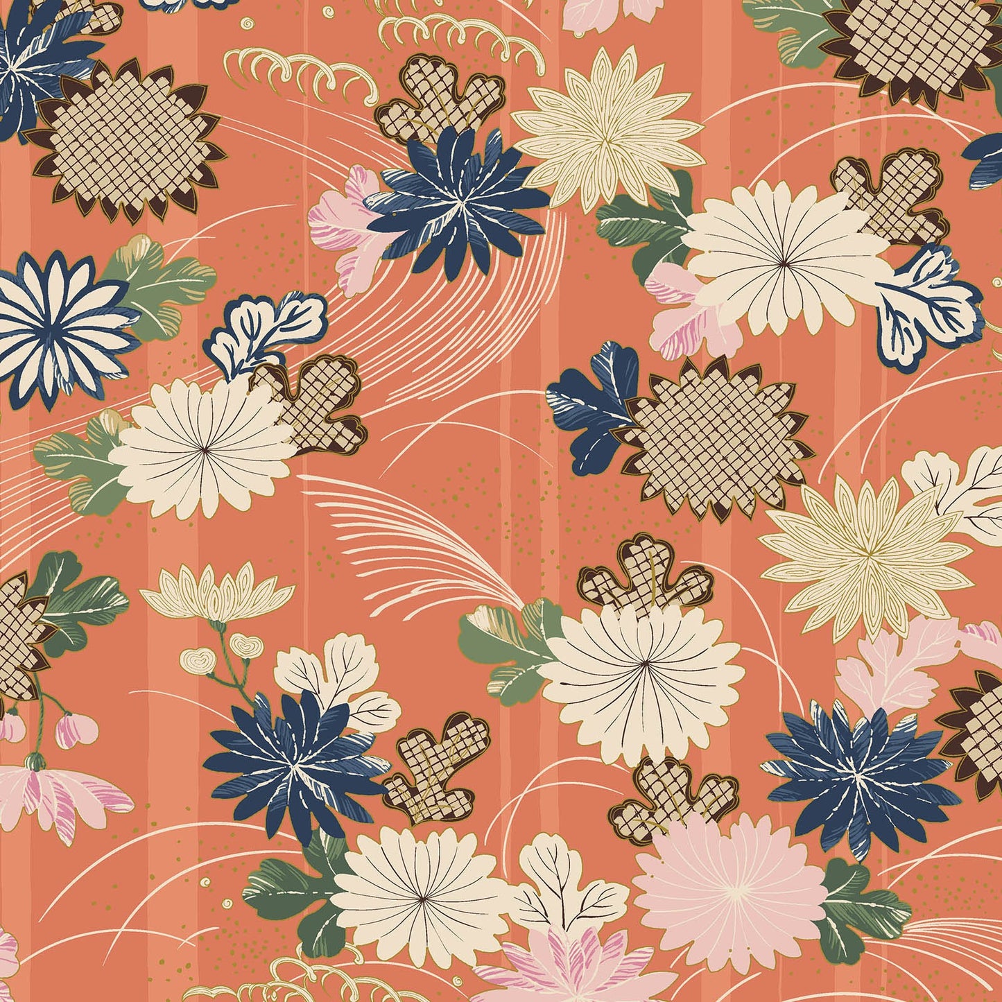 Quilt Gate Hyakka Ryoran Kaga Chrysanthemum on Peach Orange 12A