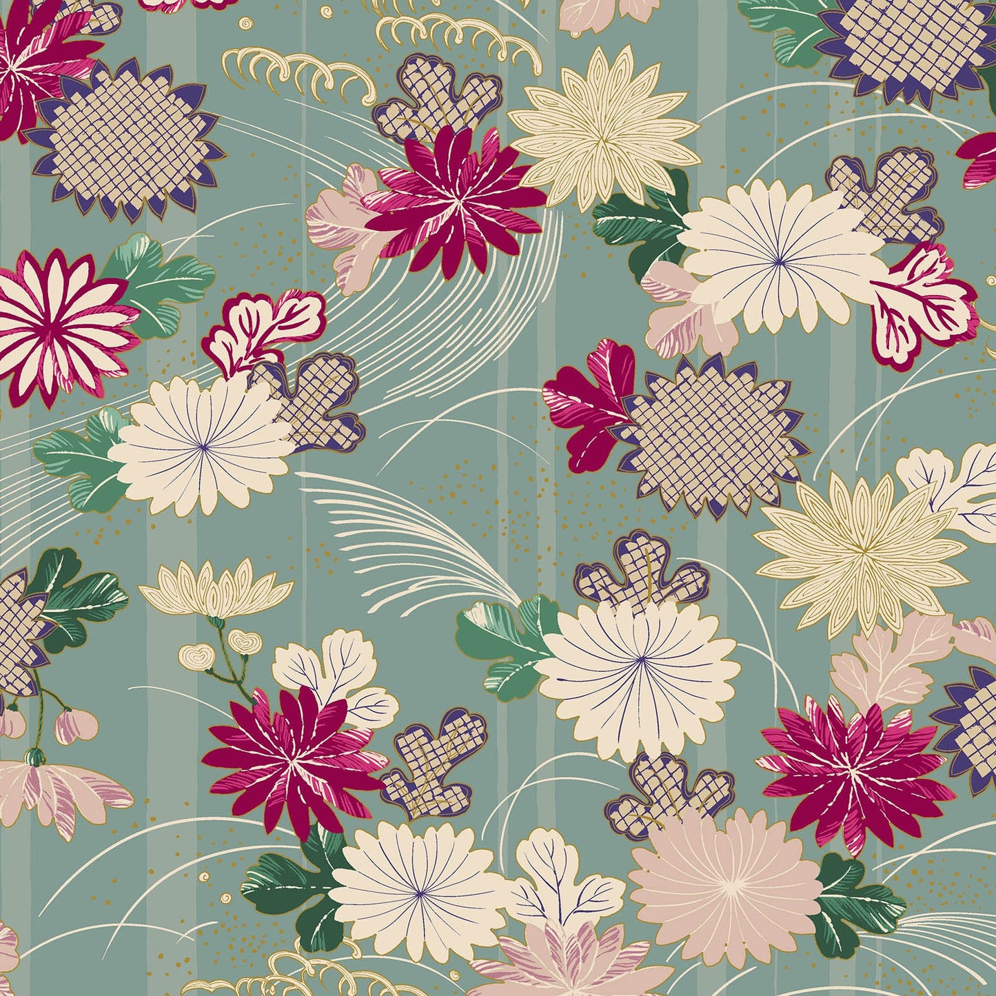 Quilt Gate Hyakka Ryoran Kaga Chrysanthemum on Green 12C