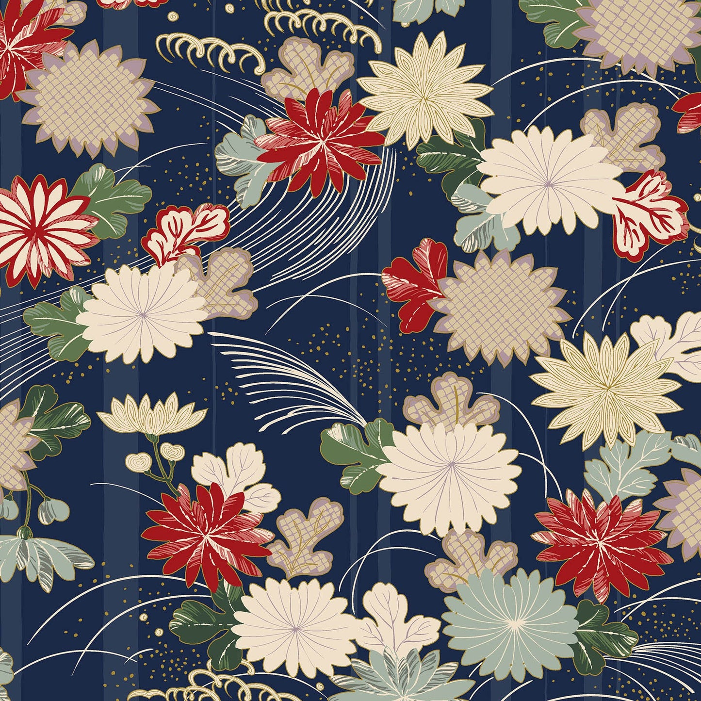 Quilt Gate Hyakka Ryoran Kaga Chrysanthemum on Navy Blue 12E