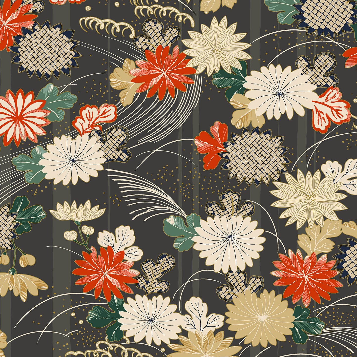 Quilt Gate Hyakka Ryoran Kaga Chrysanthemum on Black 12F