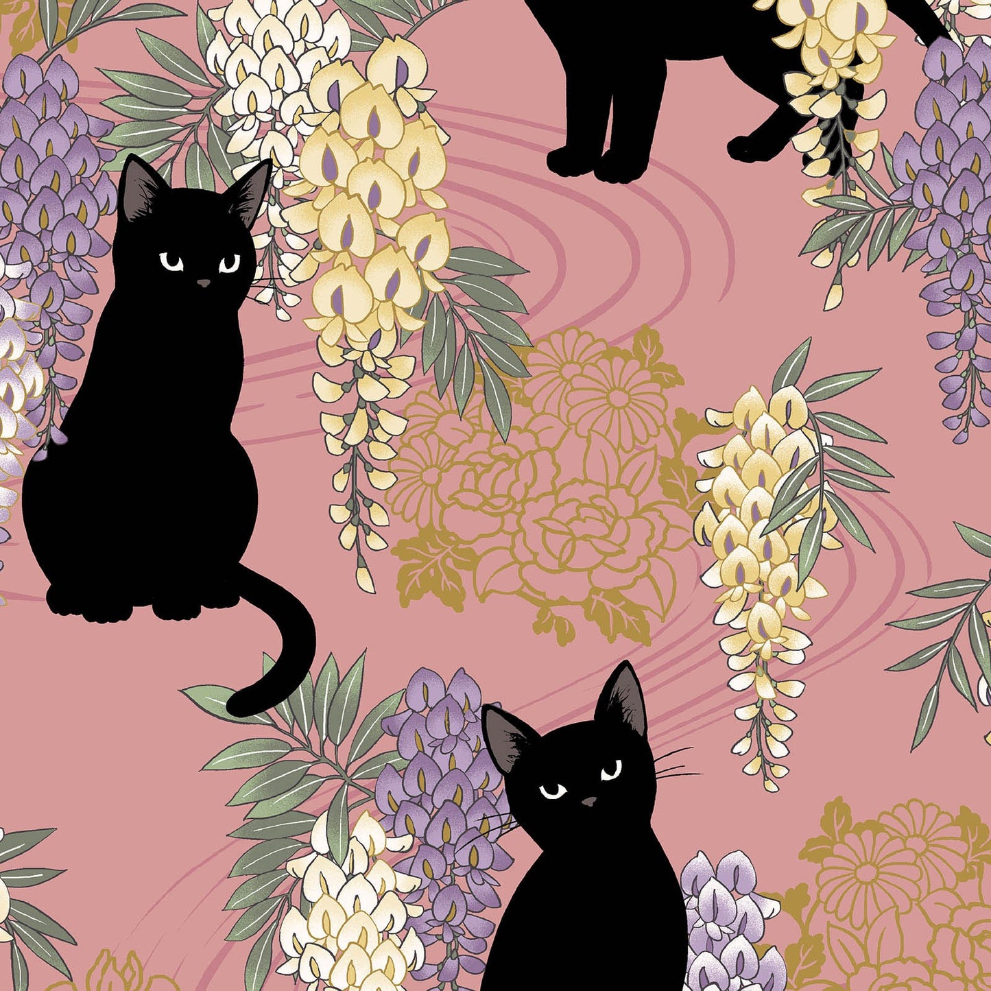 Quilt Gate Hyakka Ryoran Neko & Fuji Pink B Cats and Wisteria