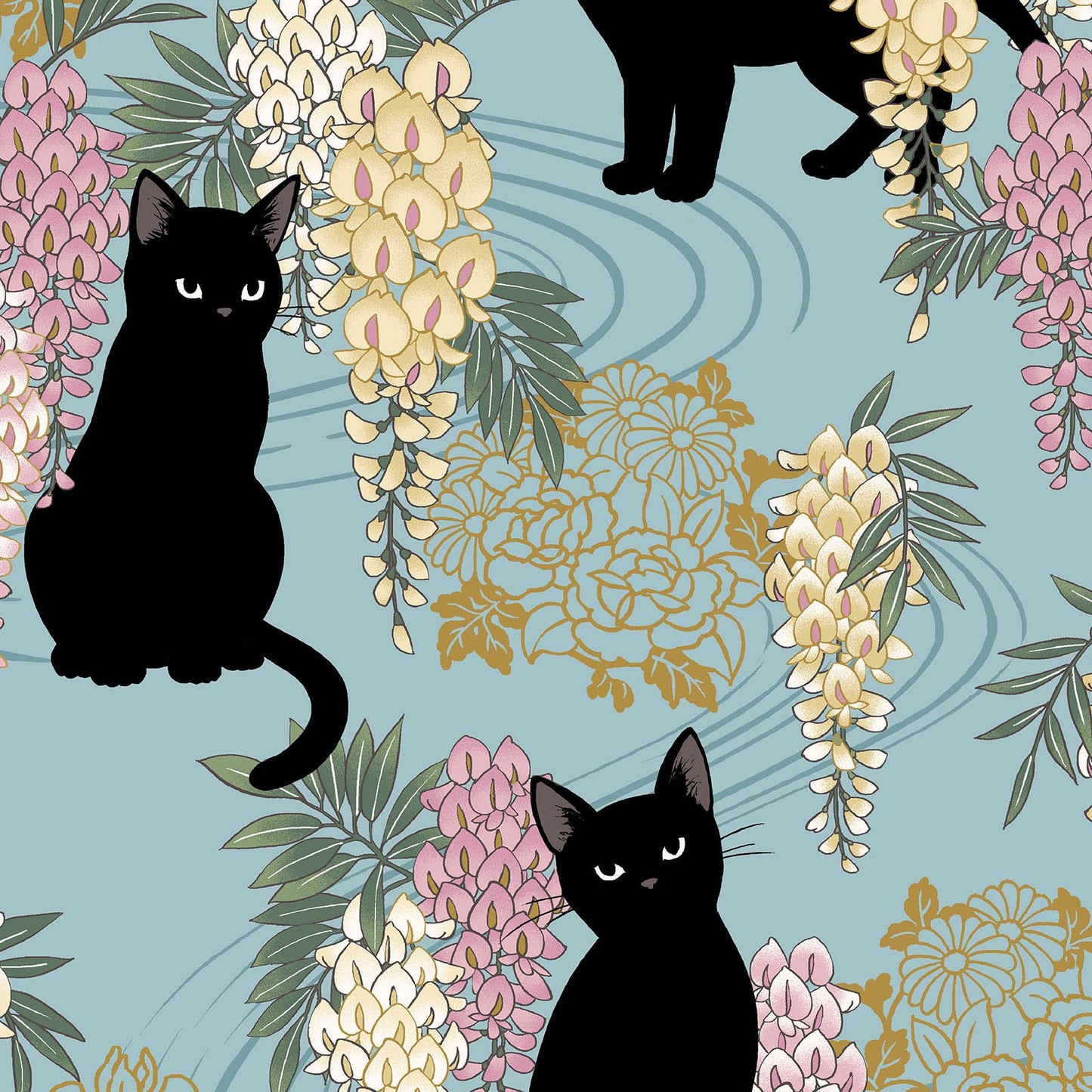 Quilt Gate Hyakka Ryoran Neko & Fuji Light Blue C Cats and Wisteria