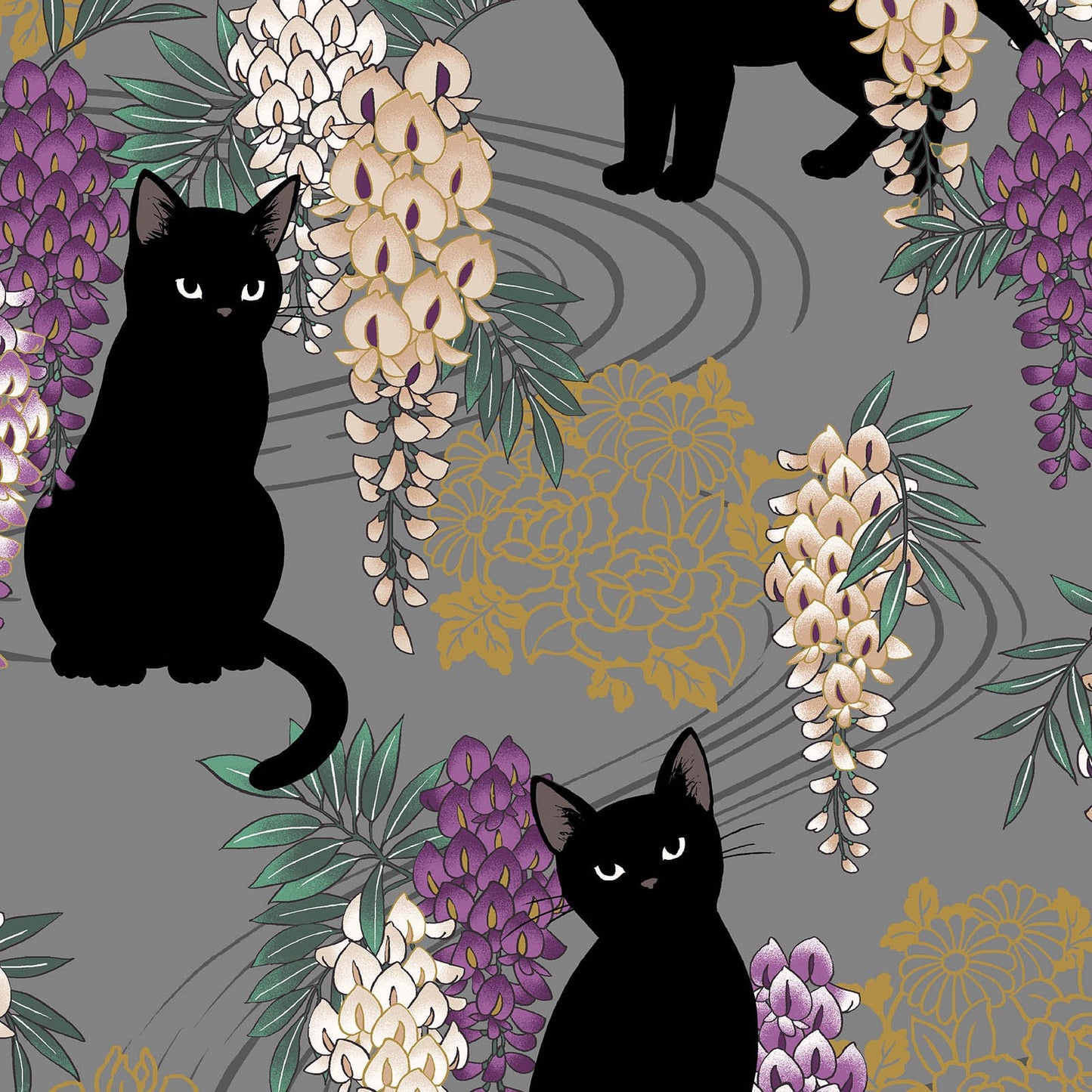 Quilt Gate Hyakka Ryoran Neko & Fuji Gray E Cats and Wisteria