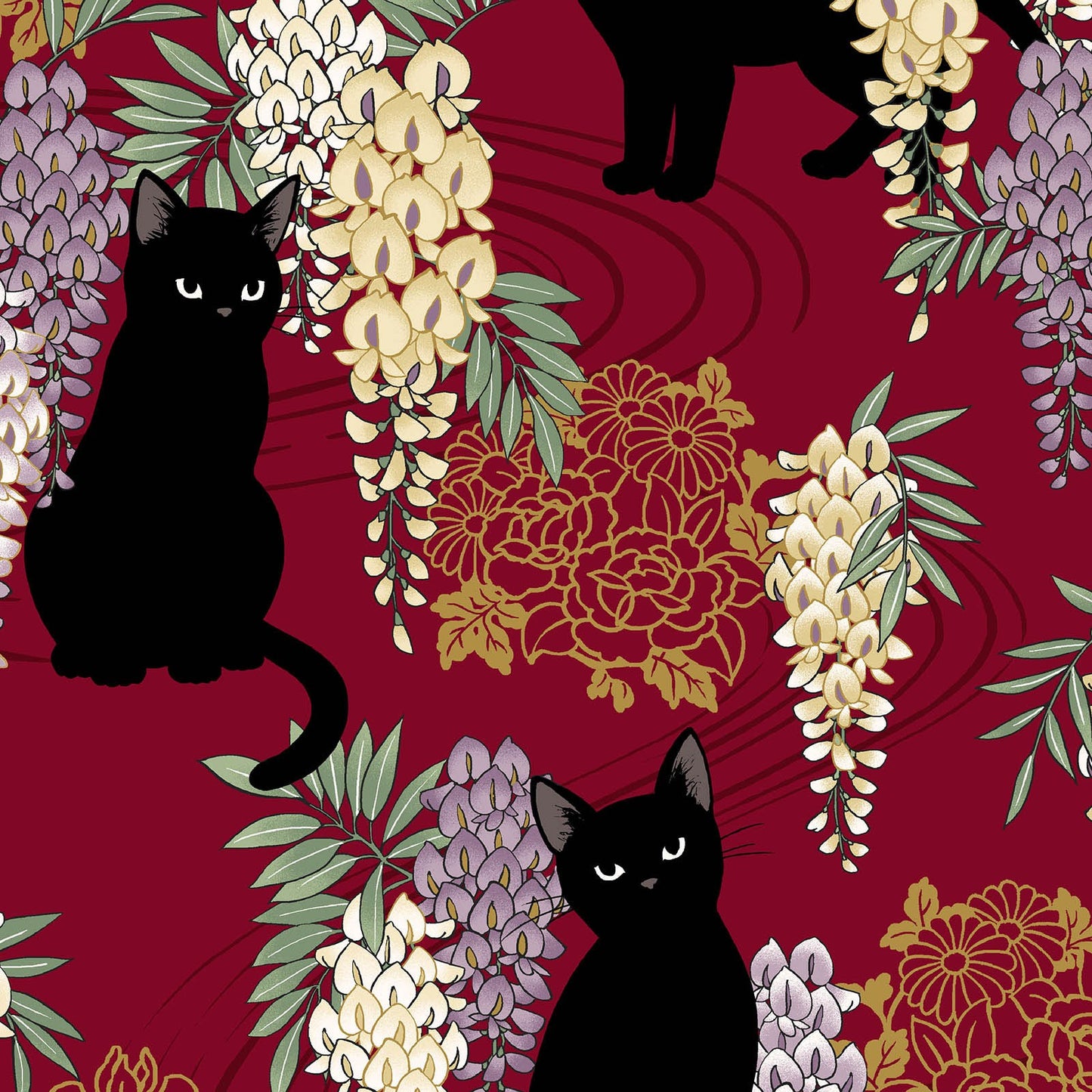 Quilt Gate Hyakka Ryoran Neko & Fuji Red F Cats and Wisteria