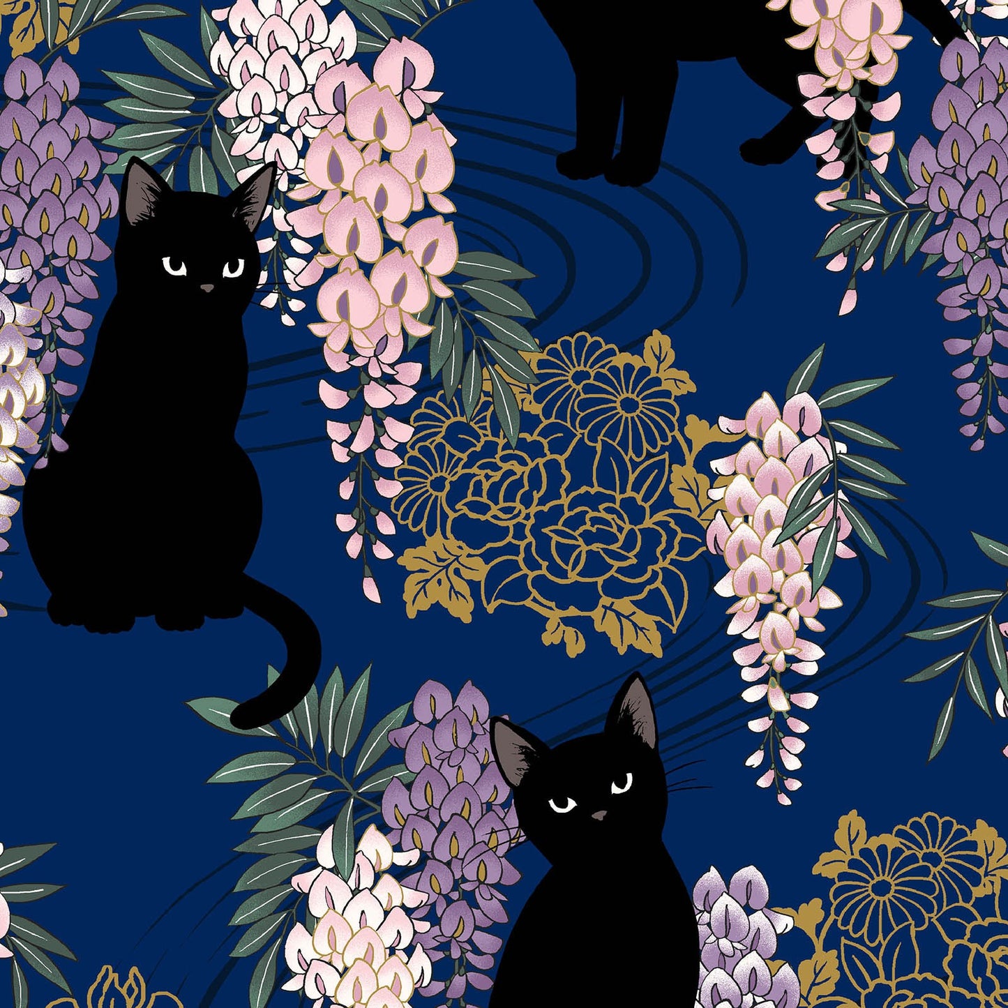 Quilt Gate Hyakka Ryoran Neko & Fuji Navy Blue G Cats and Wisteria