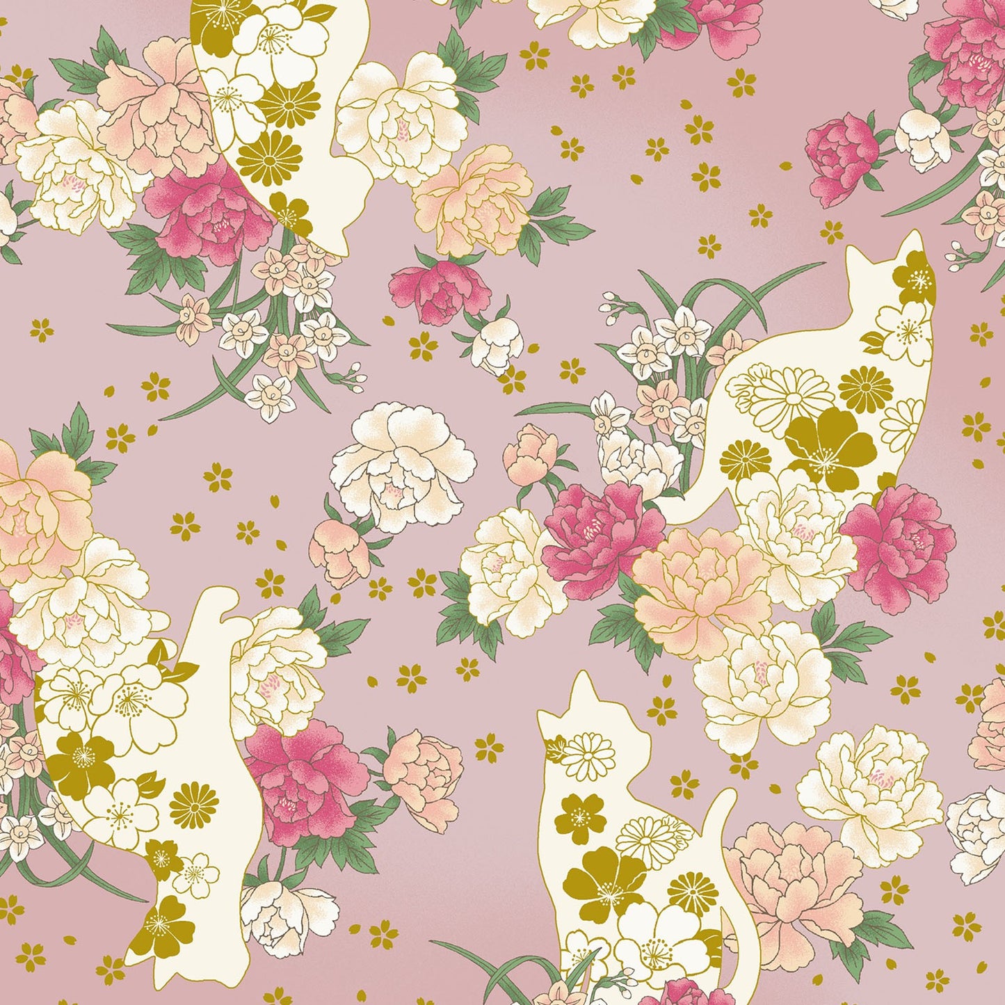 Quilt Gate Hyakka Ryoran Animals & Flowers Cats on Pink 11B