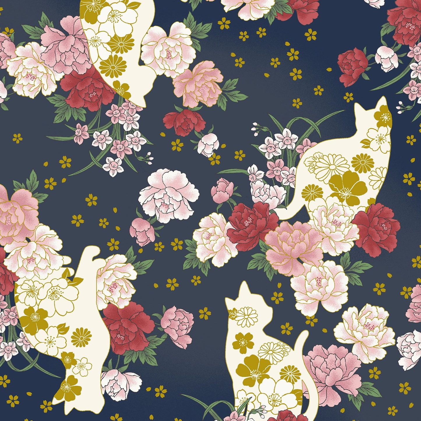 Quilt Gate Hyakka Ryoran Animals & Flowers Cat on Navy Blue 11E