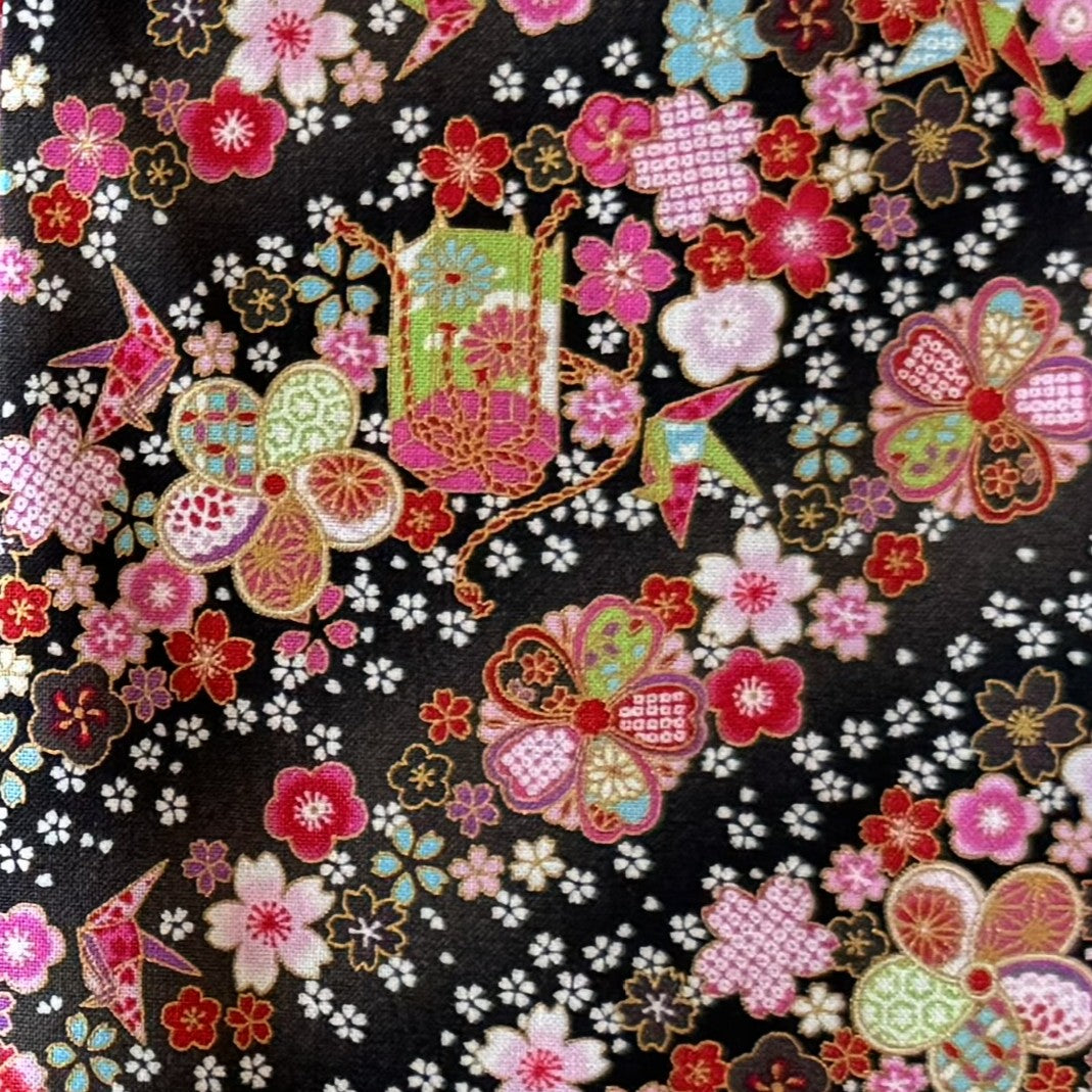 Japanese Fabric Paper Crane and Flowers Cherry Blossoms Metallic Gold Accent