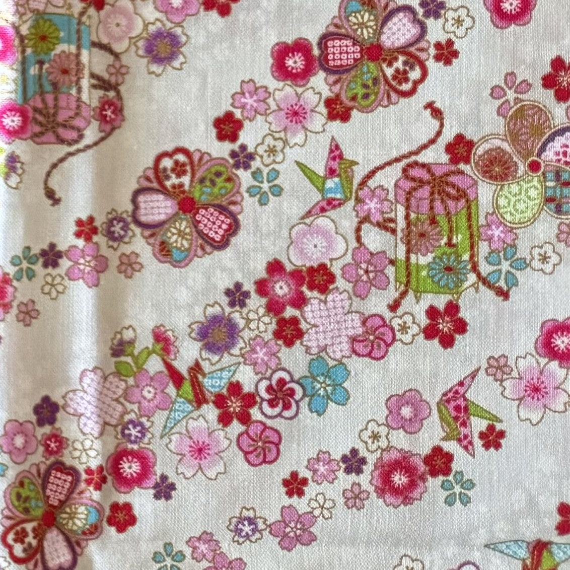 Japanese Fabric Paper Crane and Flowers Cherry Blossoms Metallic Gold Accent