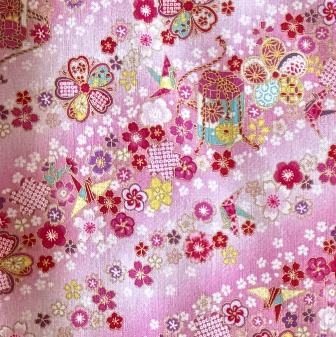 Japanese Fabric Paper Crane and Flowers Cherry Blossoms Metallic Gold Accent