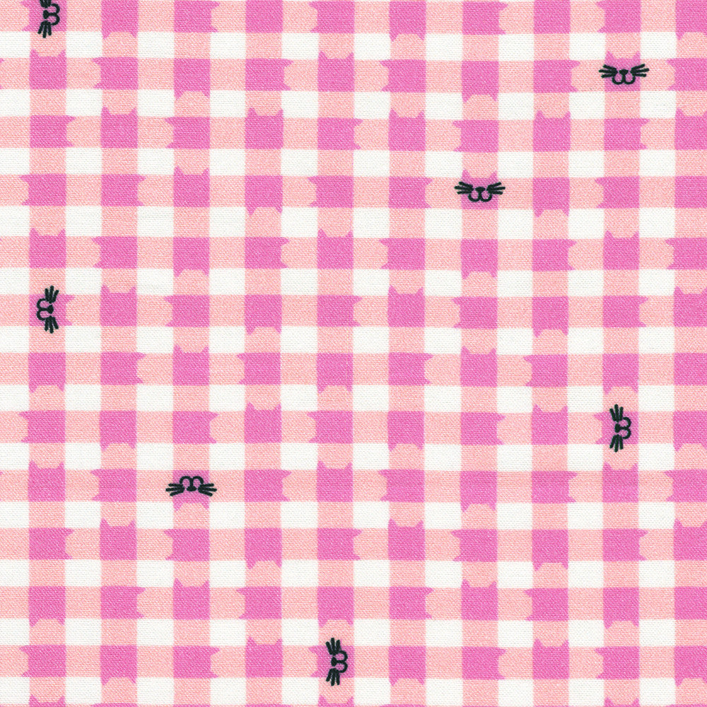 Robert Kaufman Whisker Wonderland Pink Lemonade Gingham Cat Fabric