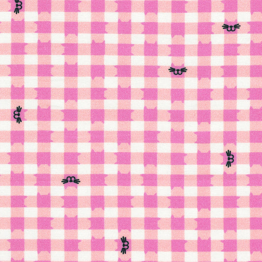 Robert Kaufman Whisker Wonderland Pink Lemonade Gingham Cat Fabric