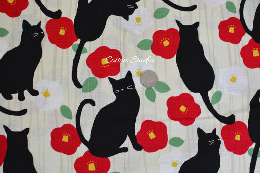 Tsubaki and Cat Camellia Cream Japanese Fabric