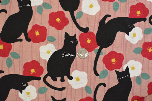Tsubaki and Cat Camellia Pink Japanese Fabric