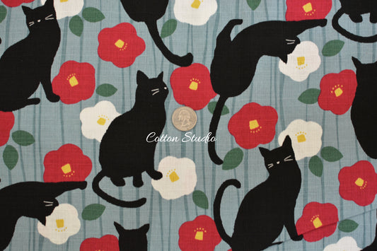 Tsubaki and Cat Camellia Blue Japanese Fabric