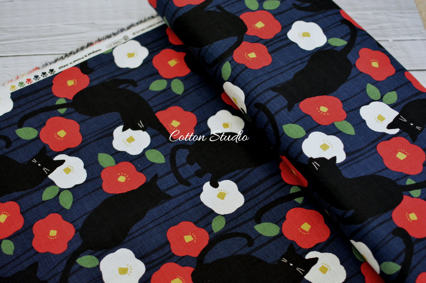 Tsubaki and Cat Camellia Navy Blue Japanese Fabric