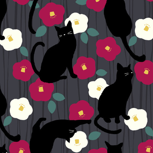 Tsubaki and Cat Camellia Charcoal Gray Japanese Fabric