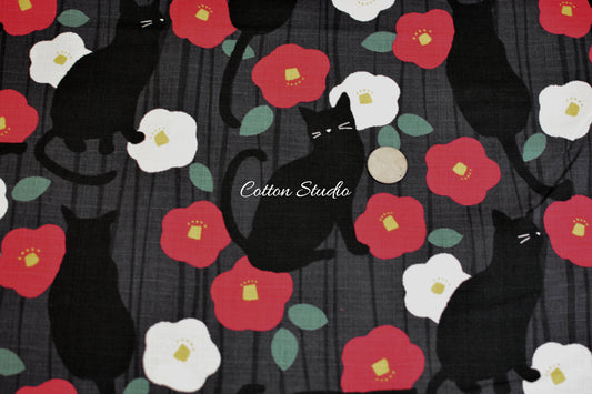 Tsubaki and Cat Camellia Charcoal Gray Japanese Fabric