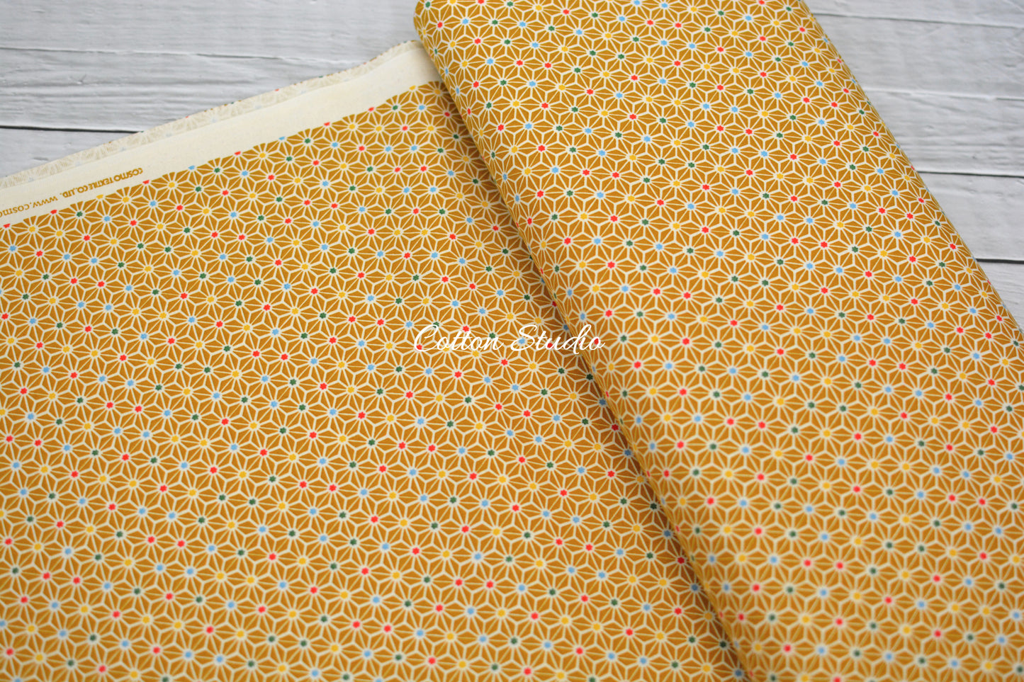 Iroha Komon Asanoha Hemp Flowers Kimono Mustard Yellow Cosmo