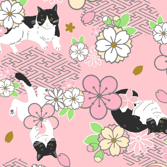 Hachiware Romance Tuxedo Cats and Cherry Blossoms Pink Japanese Fabric
