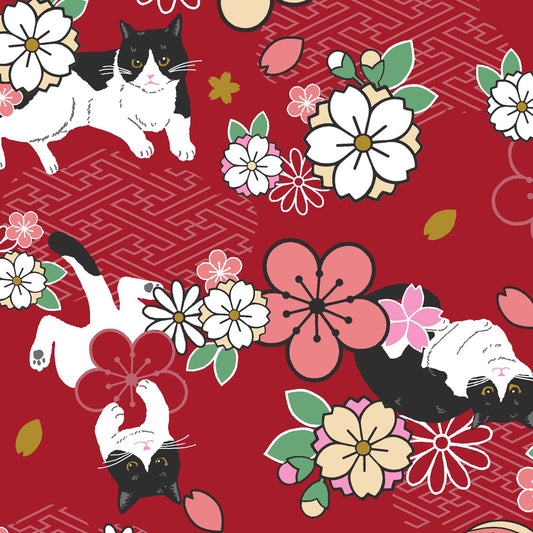 Hachiware Romance Tuxedo Cats and Cherry Blossoms Red Japanese Fabric