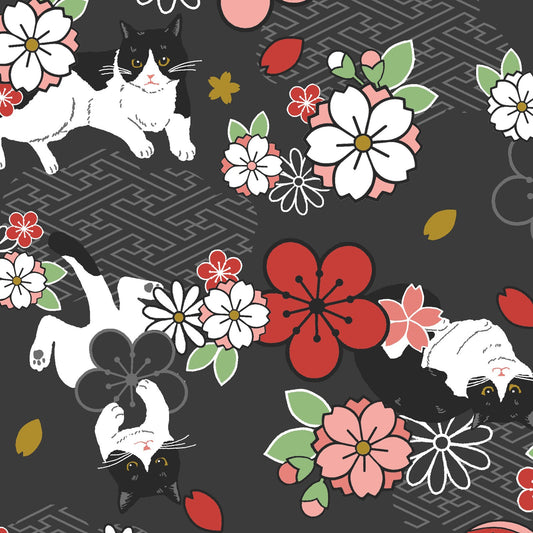 Hachiware Romance Tuxedo Cats and Cherry Blossoms Black 2E Japanese Fabric