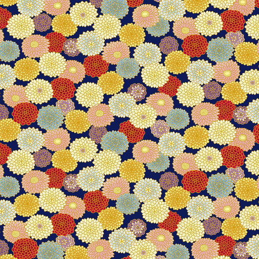 Colorful Chrysanthemum on Navy Blue with Metallic Gold Cosmo