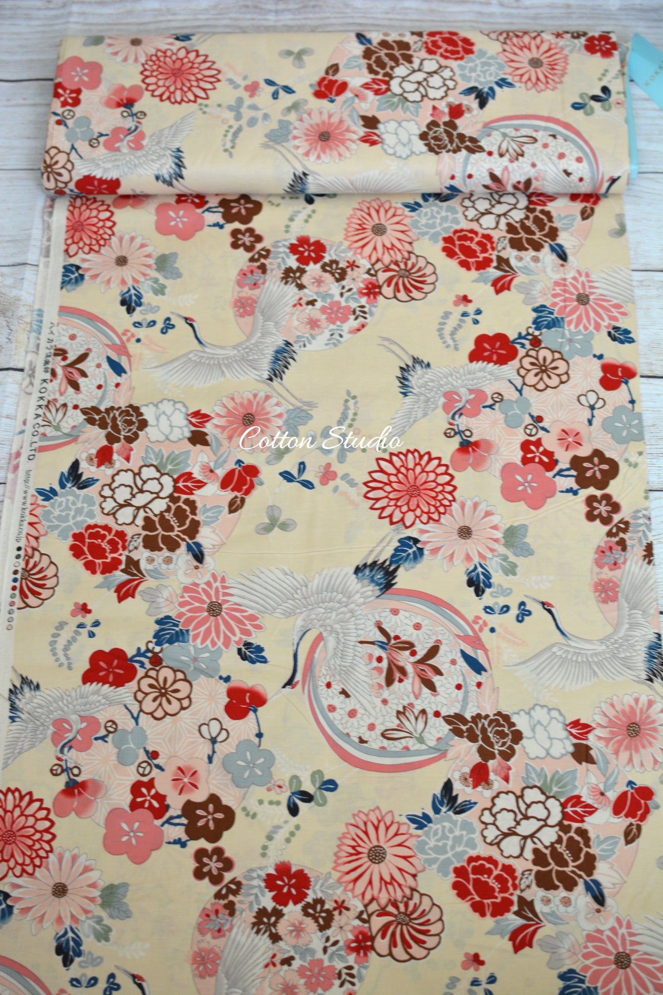 Kokka Classic Japan Cranes Floral Medallions Beige Kimono Inspired Japanese Fabric