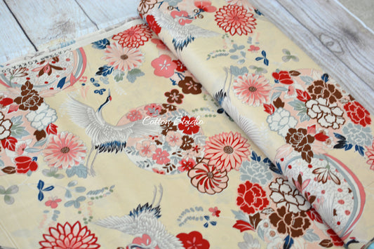 Kokka Classic Japan Cranes Floral Medallions Beige Kimono Inspired Japanese Fabric