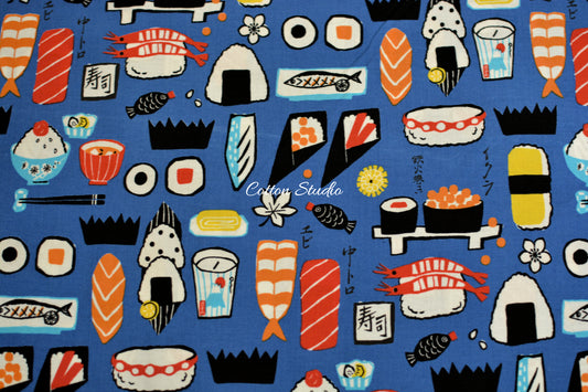 Kokka Yukata Sushi and Japanese Food Blue Japanese Fabric
