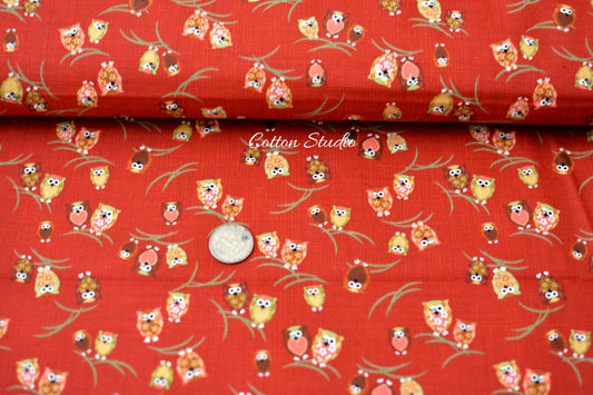 Owls Dark Red Japanese Fabric