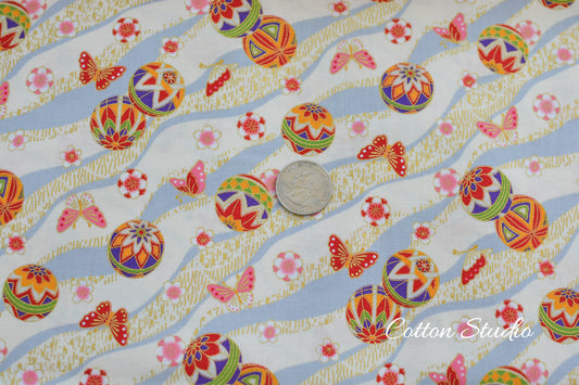 Temari Ball Butterfly Sakura on Beige with Metallic Gold Japanese Fabric