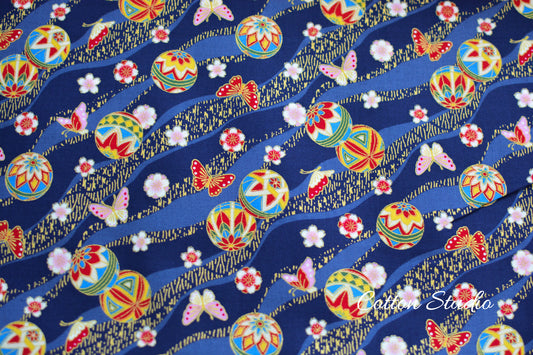 Temari Ball Butterfly Sakura on Blue with Metallic Gold Japanese Fabric