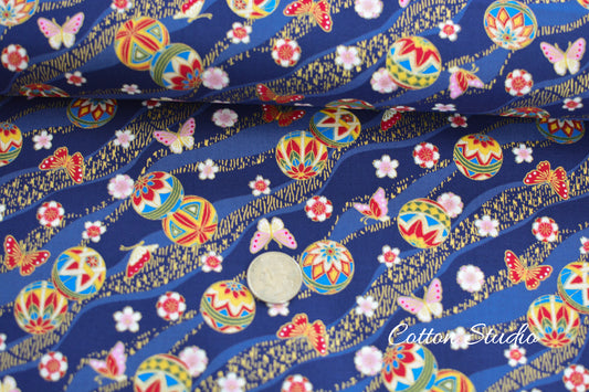 Temari Ball Butterfly Sakura on Blue with Metallic Gold Japanese Fabric