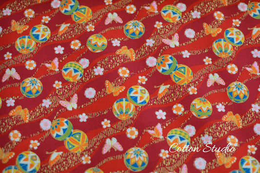 Temari Ball Butterfly Sakura on Red with Metallic Gold Japanese Fabric