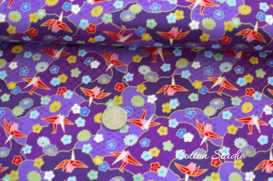 Paper Cranes Sakura Kiku on Purple with Metallic Gold Japanese Fabric