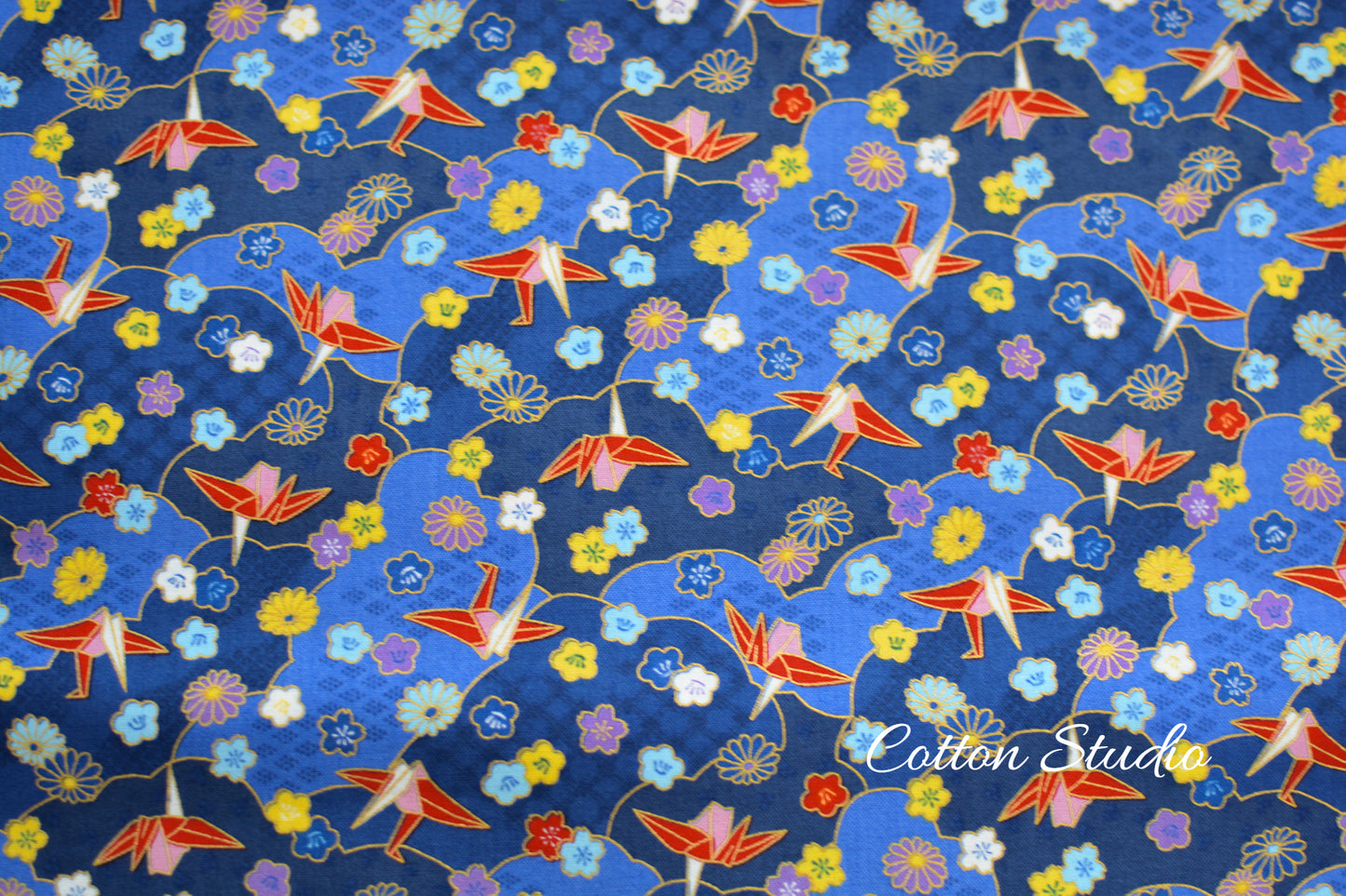 Paper Cranes Sakura Kiku on Blue with Metallic Gold Japanese Fabric