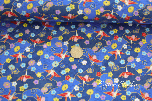 Paper Cranes Sakura Kiku on Blue with Metallic Gold Japanese Fabric