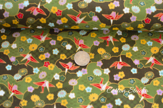 Paper Cranes Sakura Kiku on Green with Metallic Gold Japanese Fabric