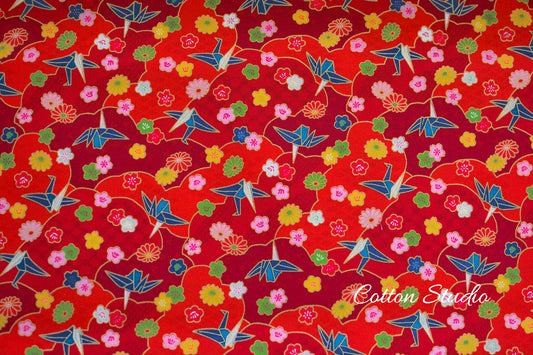 Paper Cranes Sakura Kiku on Red with Metallic Gold Japanese Fabric