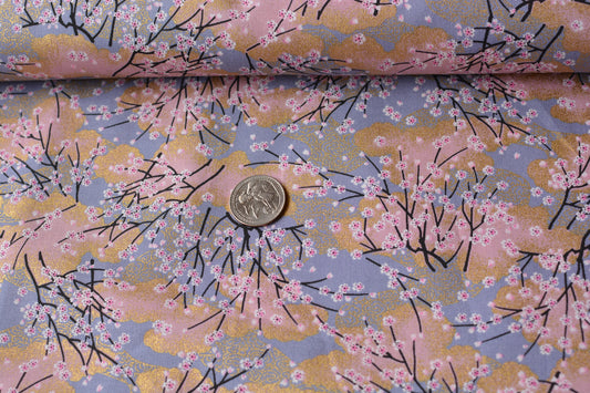 Cherry Blossoms Pink Gray Gold Sakura Japanese Fabric