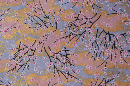 Cherry Blossoms Pink Gray Gold Sakura Japanese Fabric