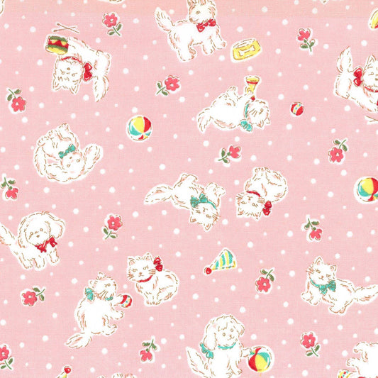 Japanese Fabric Happy Message 30's Cats and Dogs Pink